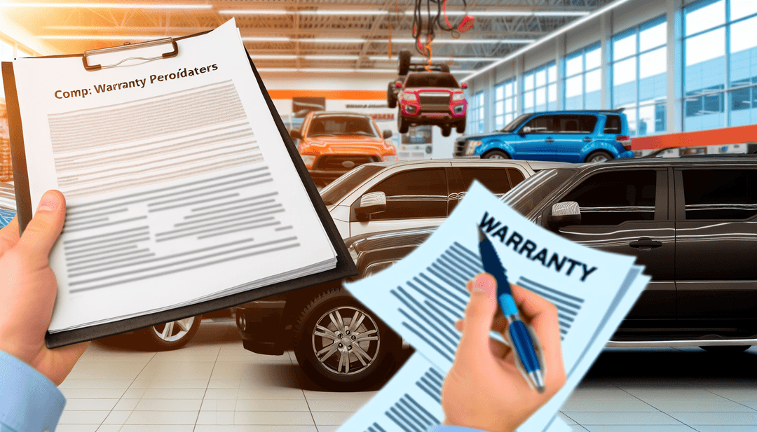 Person comparing warranty providers on laptop with car documents and calculator on desk